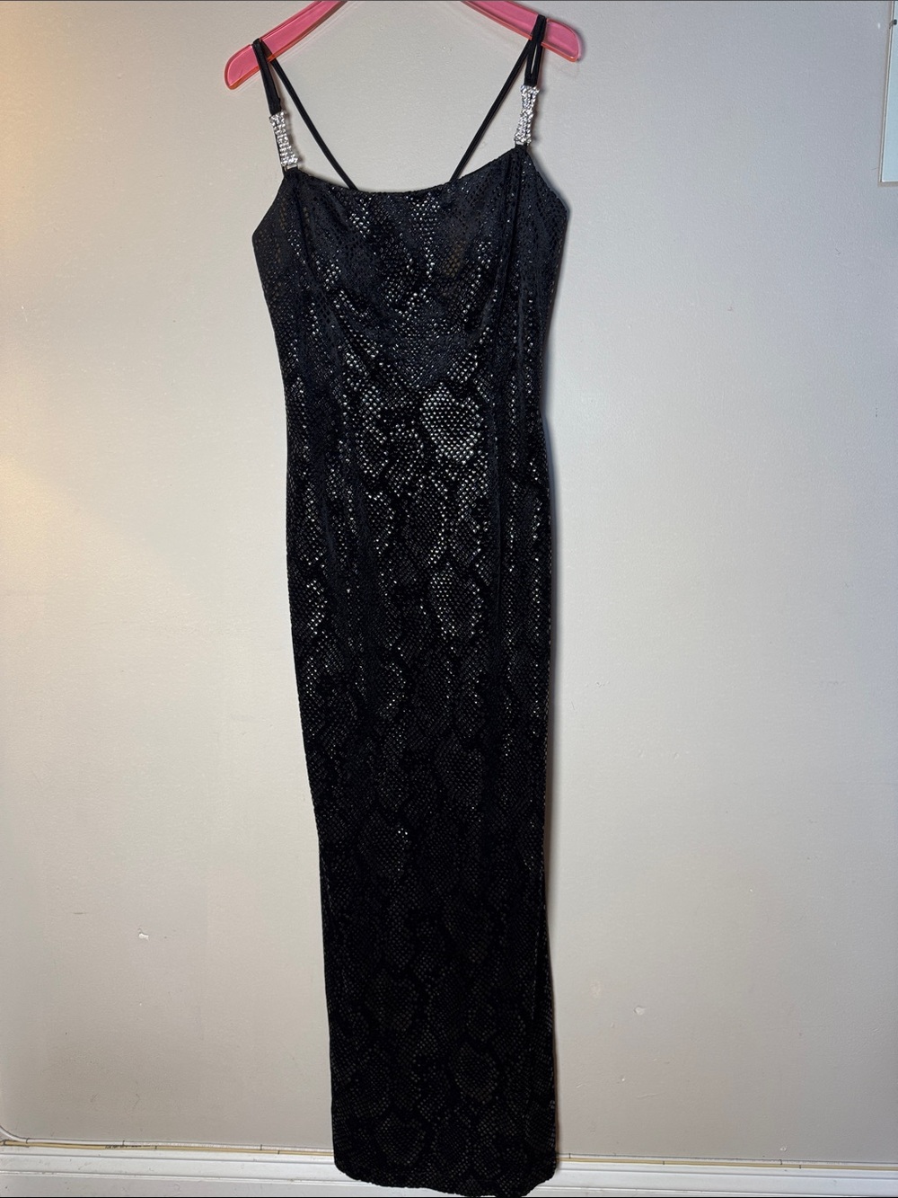 JANINE Vintage 80s Black Shimmer Snake-Print Strappy Column Maxi Evening Dress M